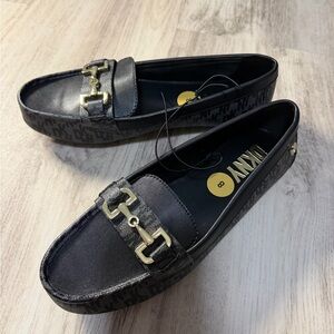 DKNY Black Logo Loafers with Gold Horsebit